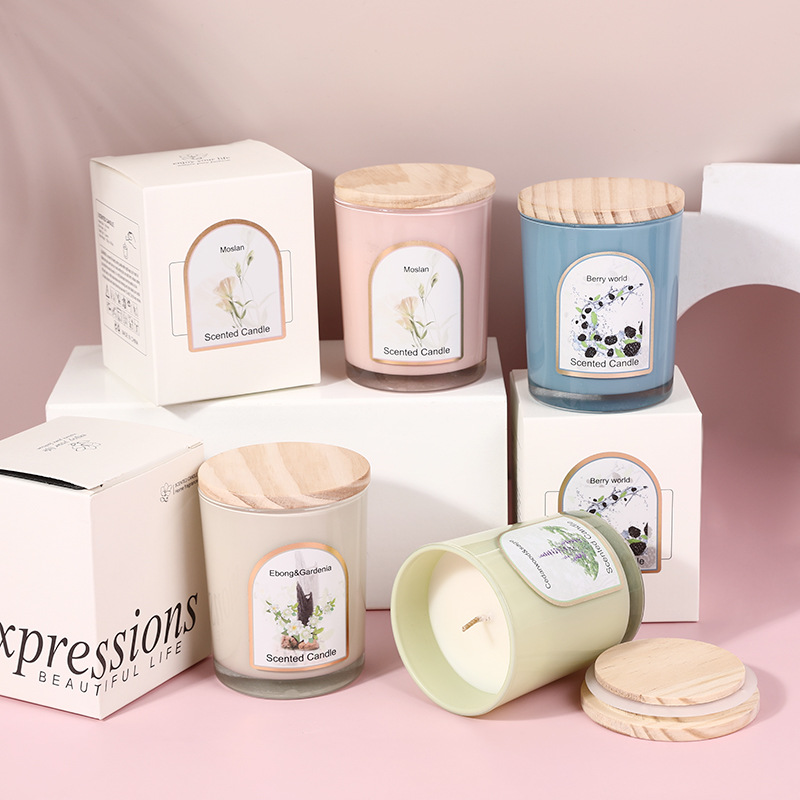 Candle Fragrance - Ahşap kapaklı renkli cam kokulu mum